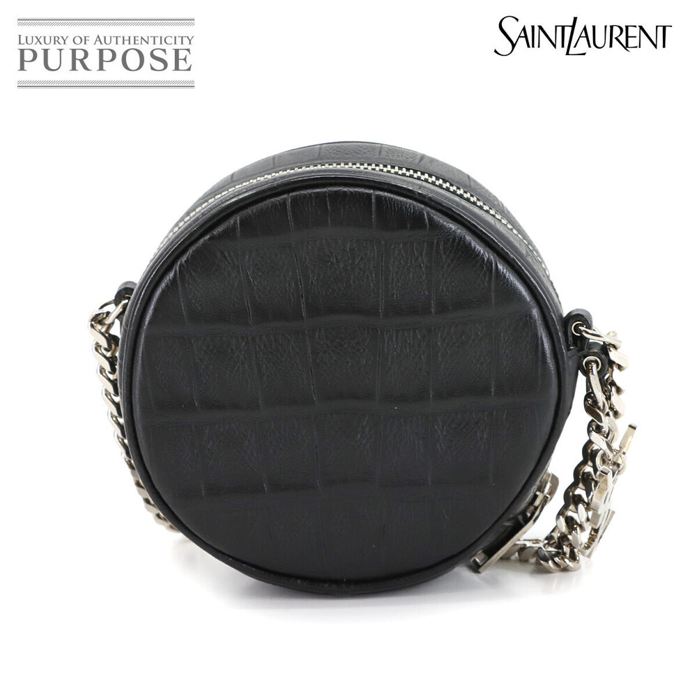 Saint Laurent Round Chain Shoulder Bag Crocodile Leather Black